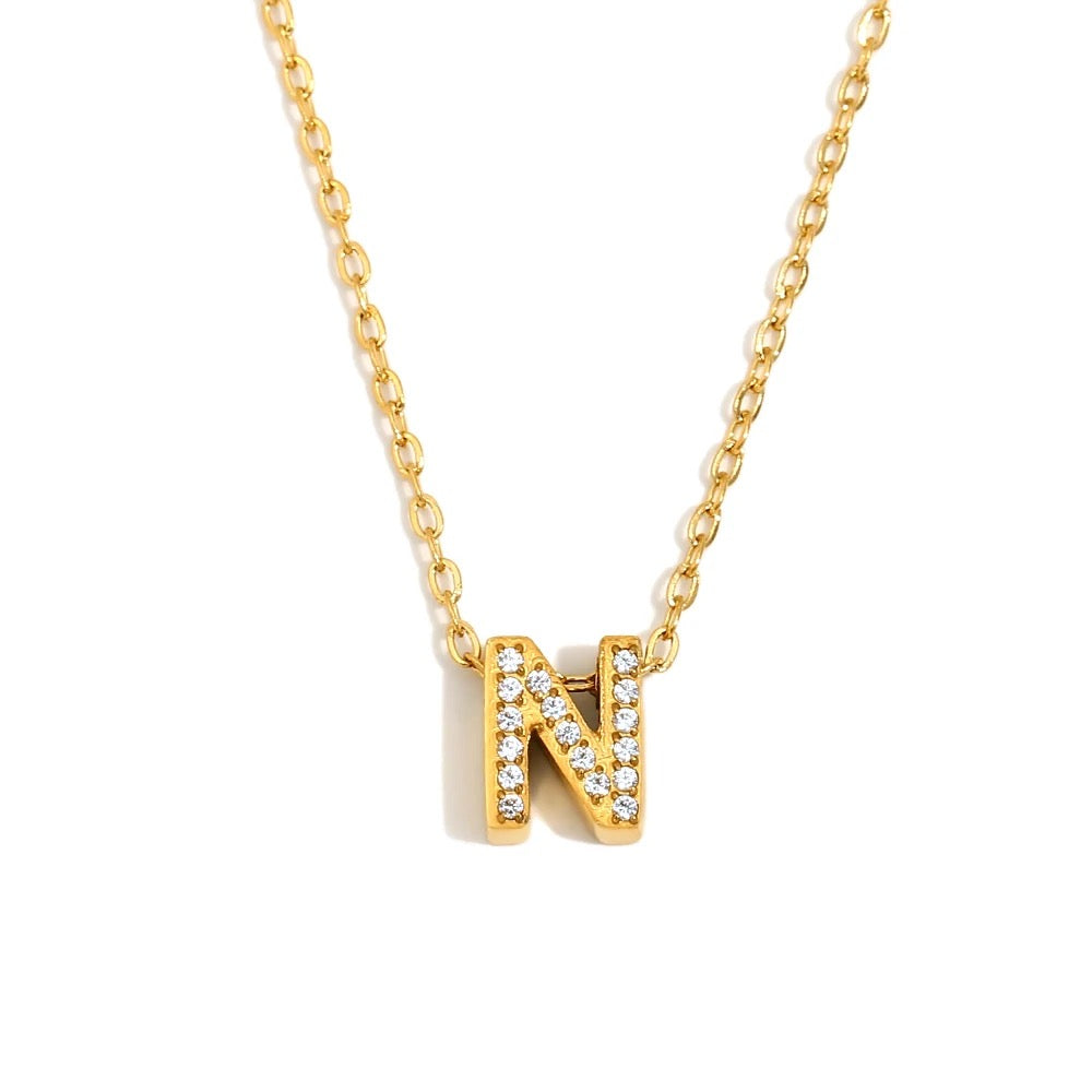 Éliane Pavé Initial Necklace — Letter N in gold