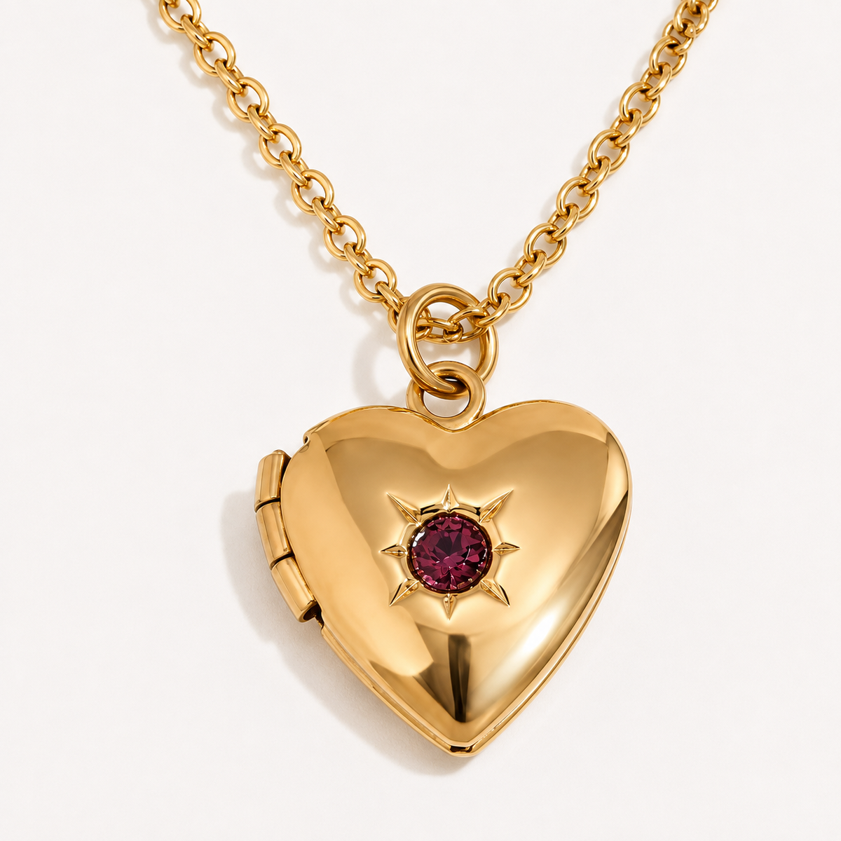 Keepsake Heart Birthstone Necklace – gold heart locket with purple center stone