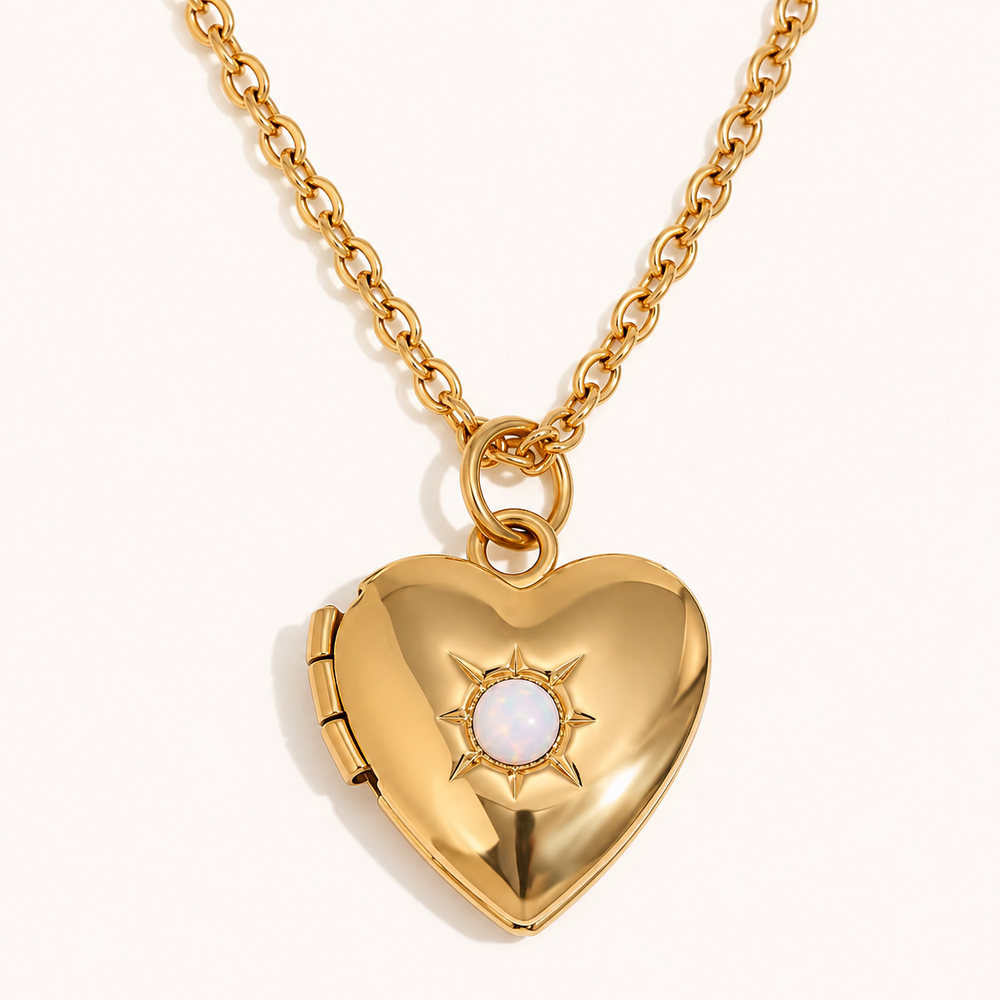 Keepsake Heart Birthstone Necklace – gold heart locket with opalescent white center stone