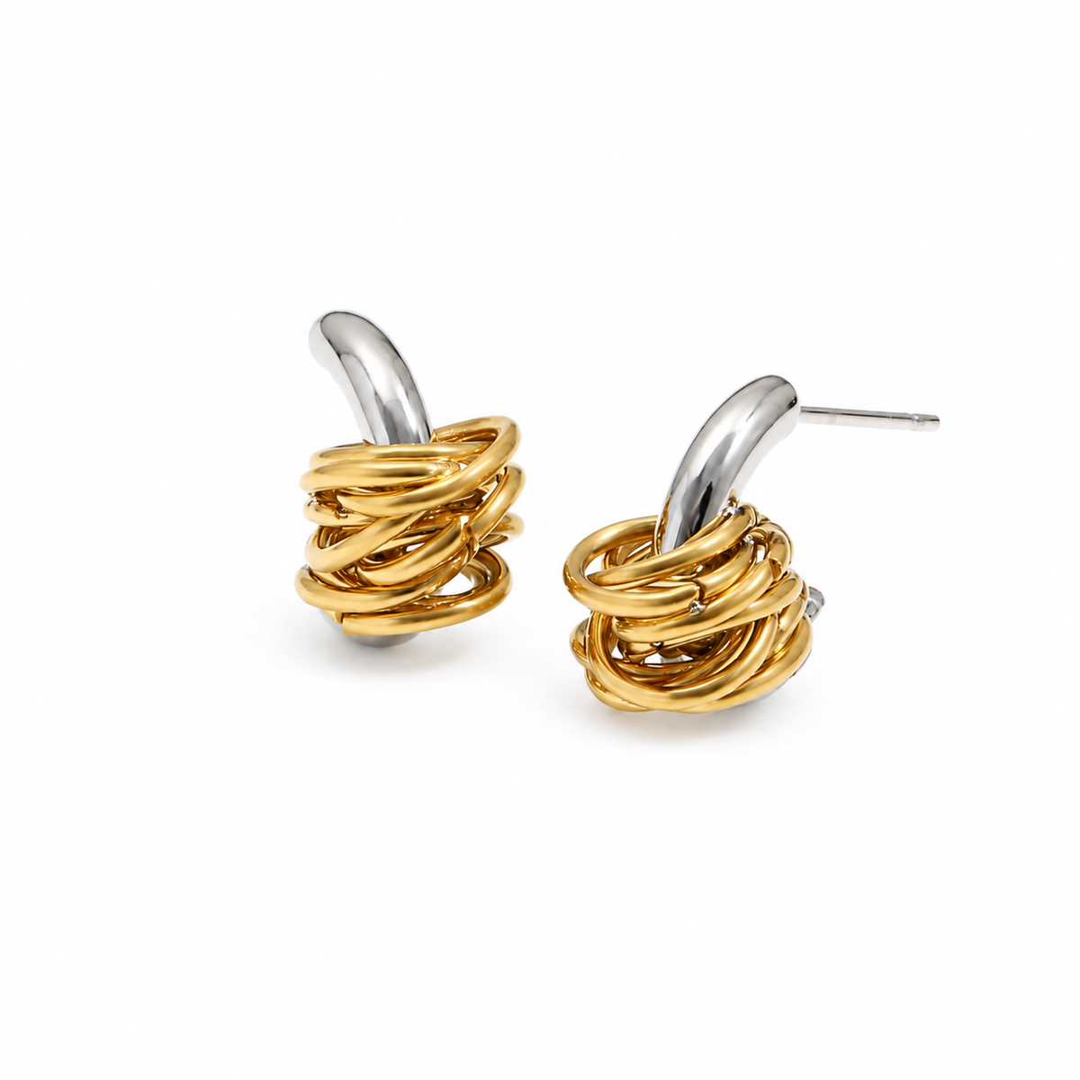 Knotline Earrings in polished gold and silver on a white background