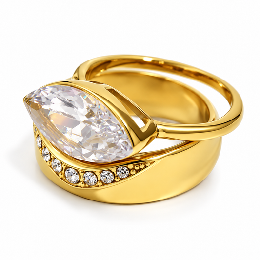 Léonie Marquise Halo Ring two-piece set stacked in gold — TAIA Jewellery