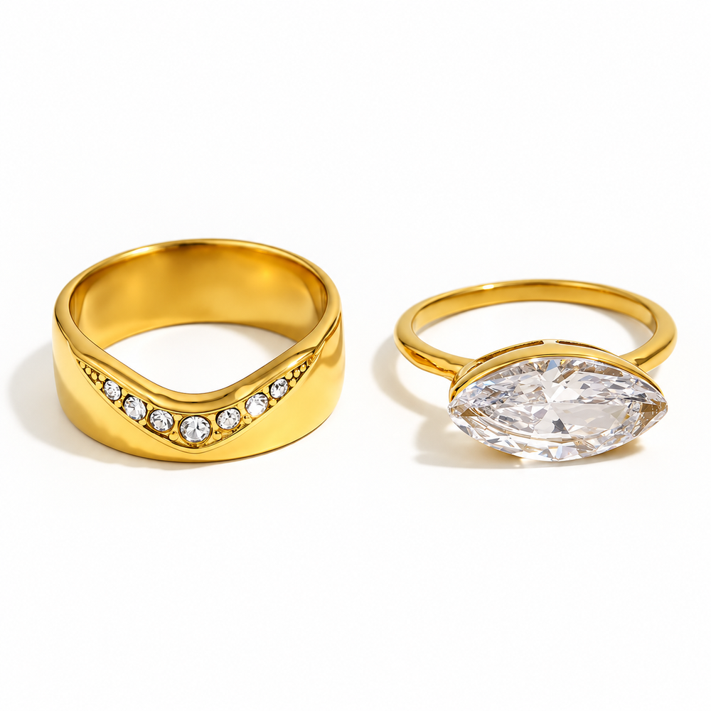 Léonie Marquise Halo Ring two-piece set in gold — TAIA Jewellery