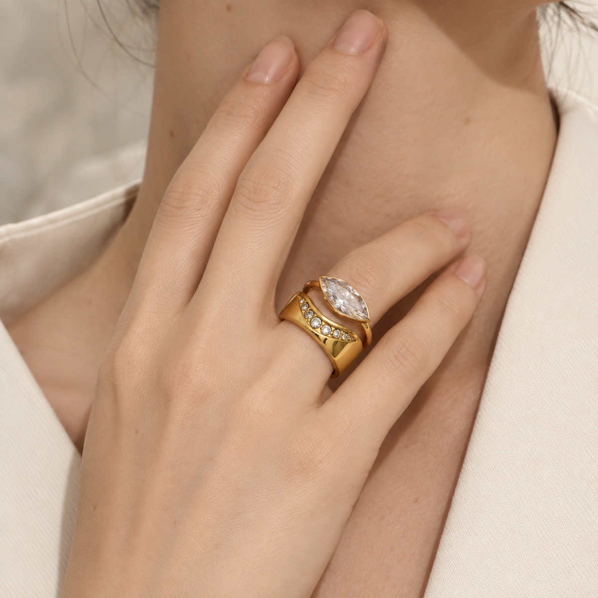 Léonie Marquise Halo Ring two-piece set worn by a model — TAIA Jewellery