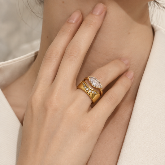 Léonie Marquise Halo Ring two-piece set worn by a model — TAIA Jewellery
