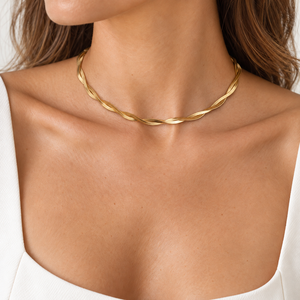 Meline Twist Necklace worn close to the base of the neck