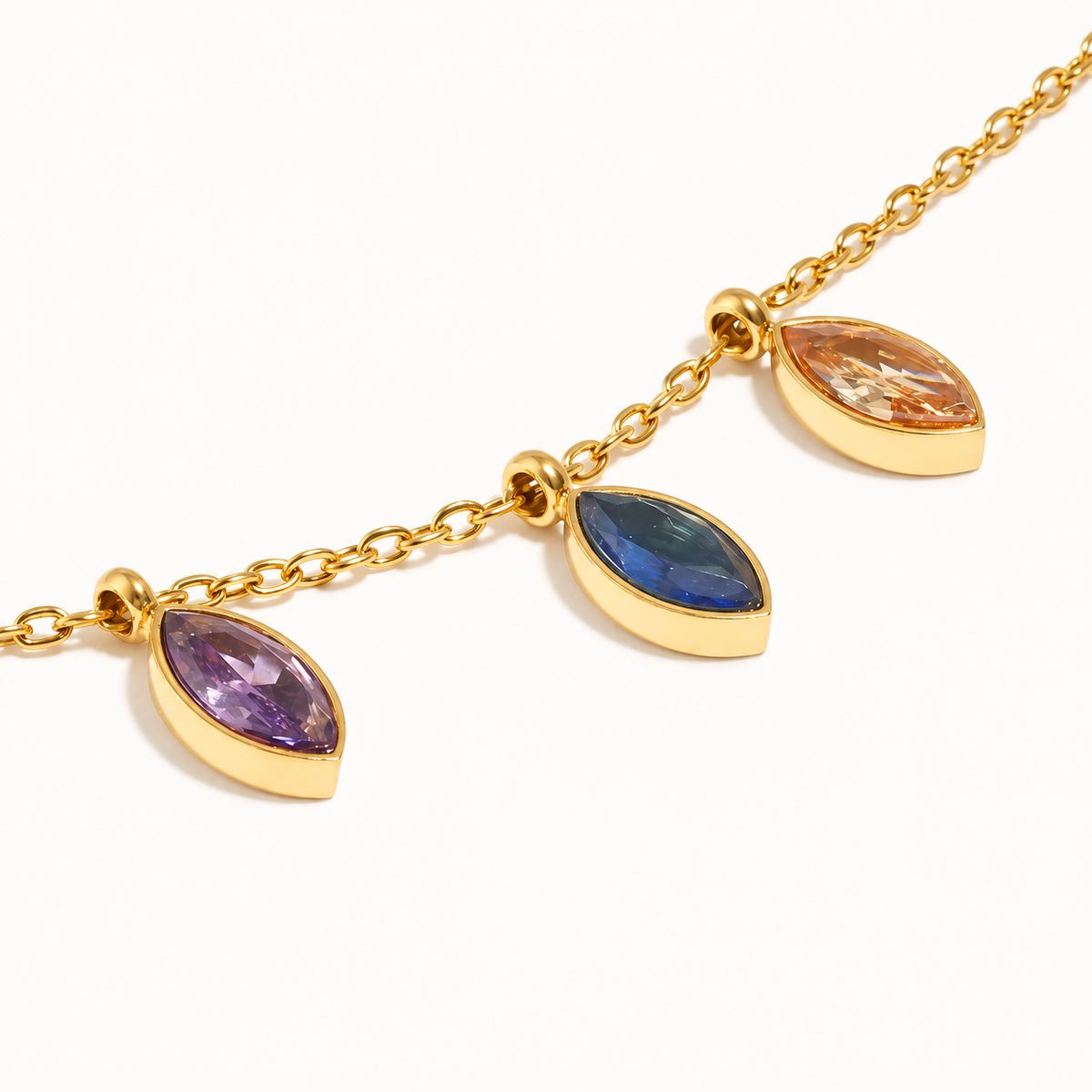 Mireya Marquise Necklace close-up with purple, blue and champagne marquise stones