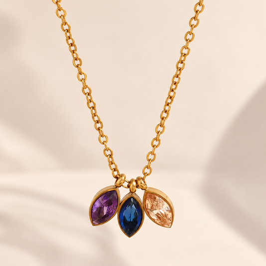 Mireya Marquise Necklace full view with three colorful marquise pendants