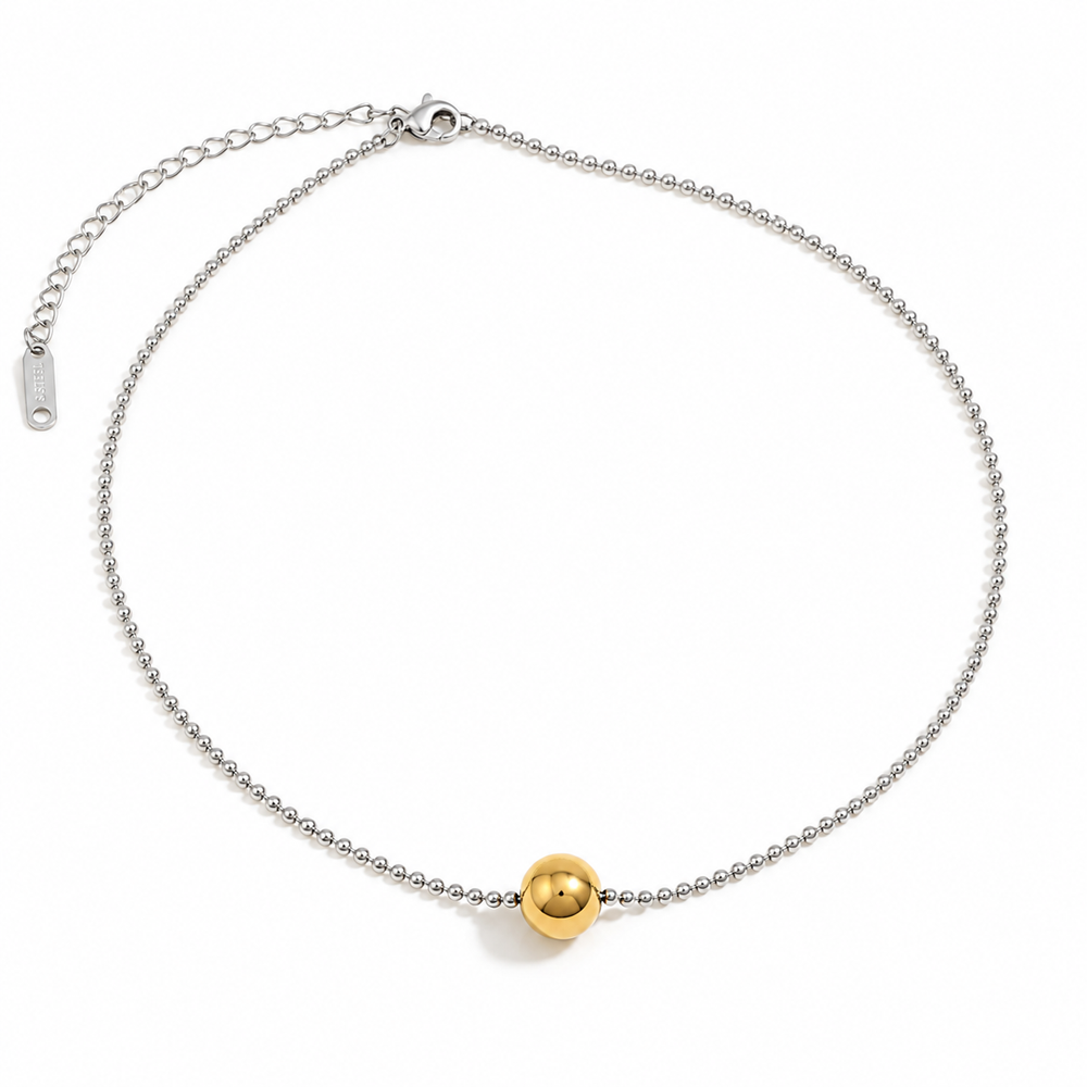 Noa Necklace – silver ball chain with a polished gold sphere on white