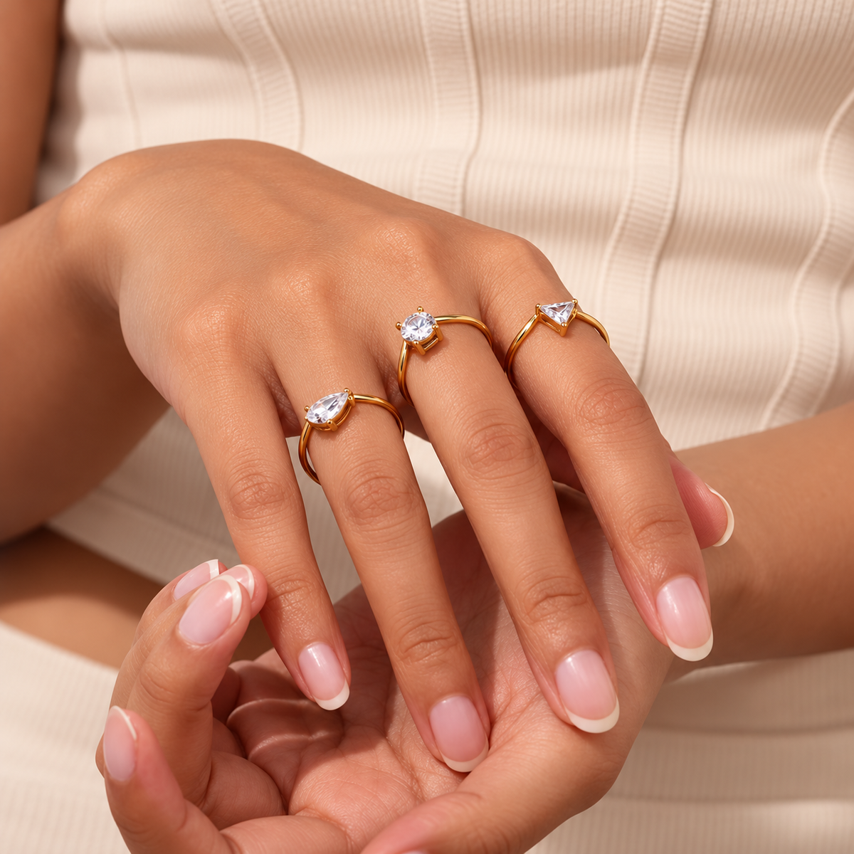 Noémie Floating Zircon Rings styled on hands