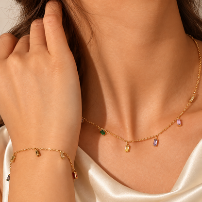 Orlane Rainbow Necklace and Bracelet in an edited supplier model photograph