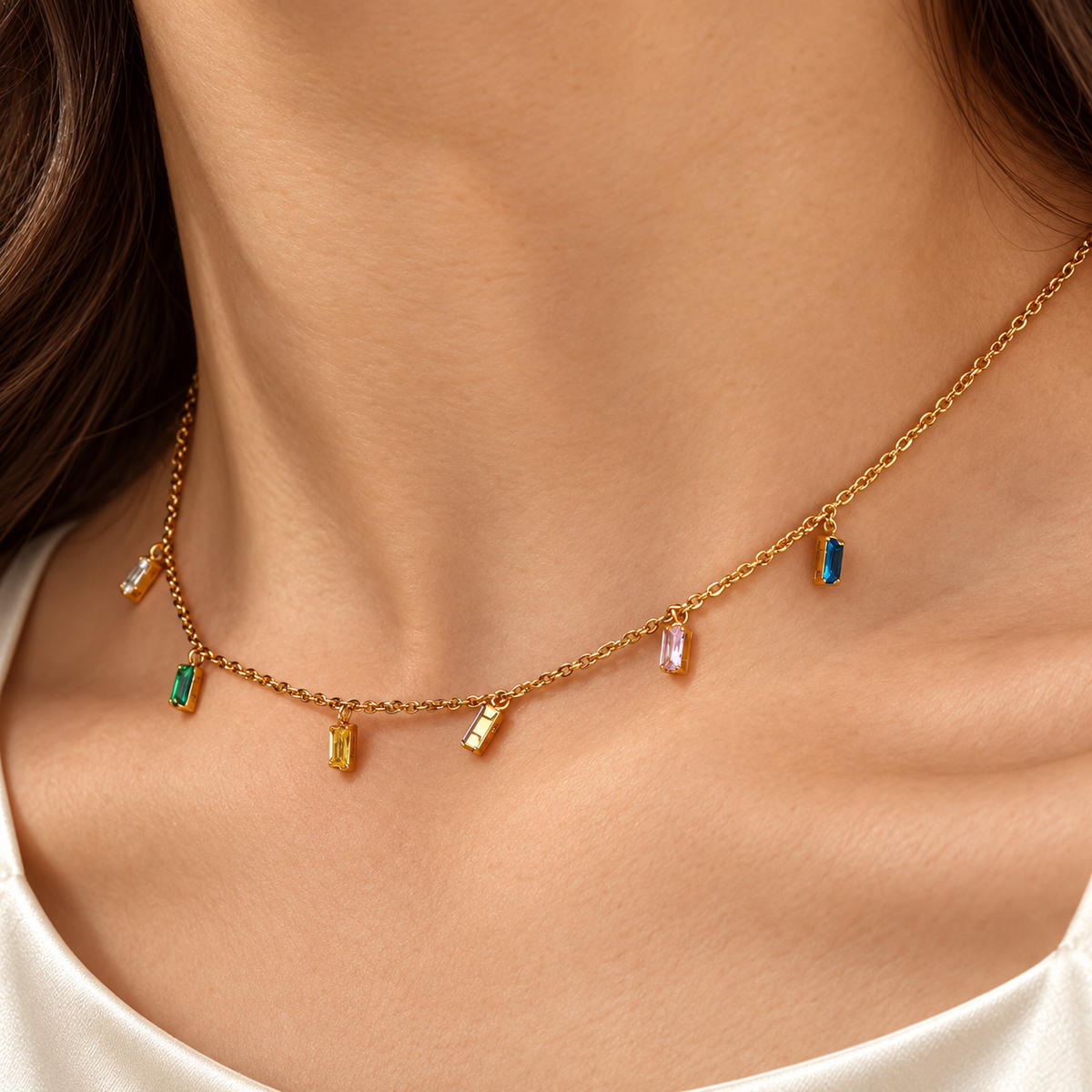 Orlane Rainbow Necklace in an edited supplier model photograph