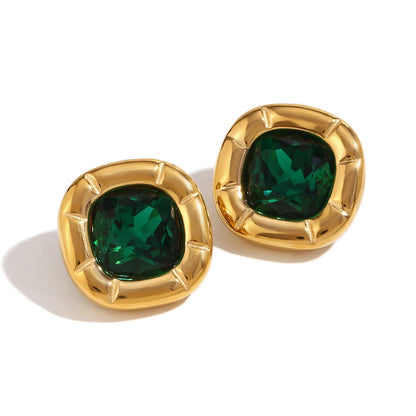 Paloma Cushion Stone Earrings – green cushion-cut stones in sculptural gold settings on white