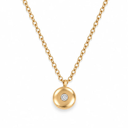 Ruth Birthstone Necklace – April – polished gold birthstone pendant on white