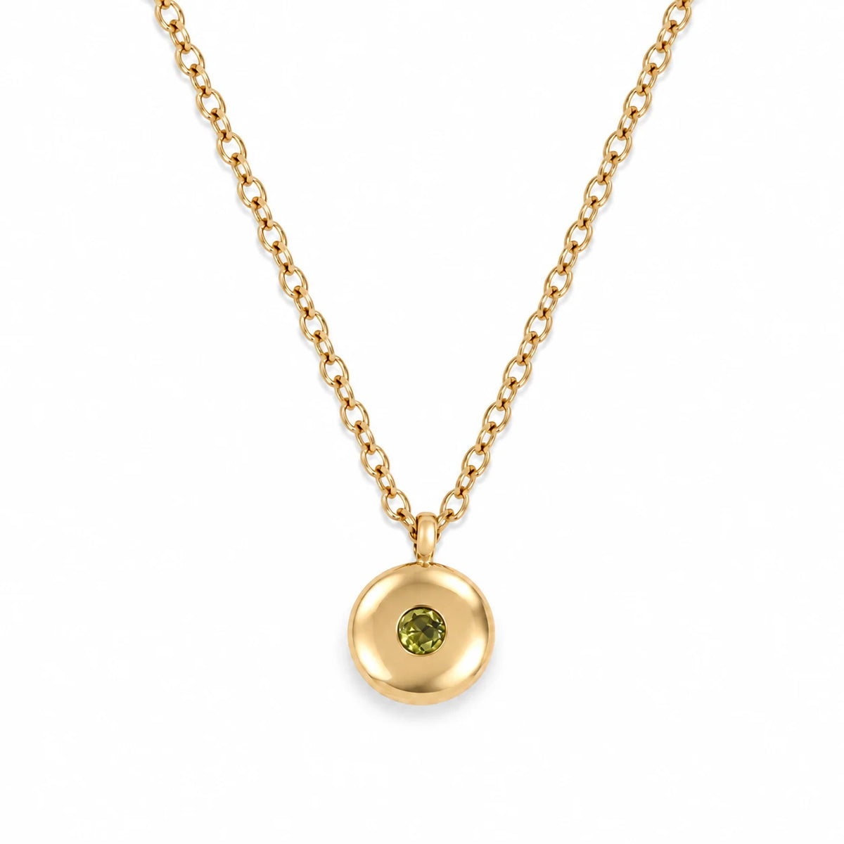 Ruth Birthstone Necklace – August – polished gold birthstone pendant on white