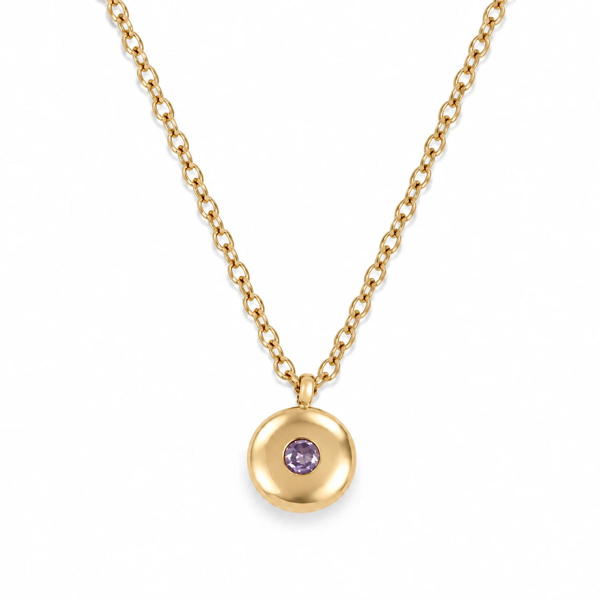 Ruth Birthstone Necklace – February – polished gold birthstone pendant on white