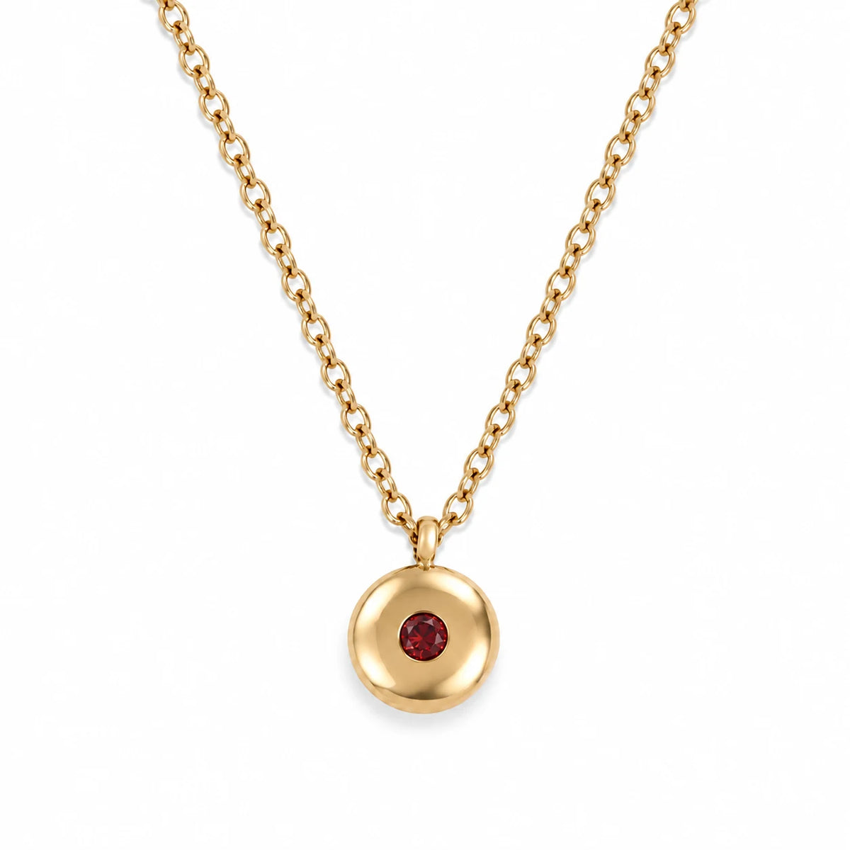 Ruth Birthstone Necklace – July – polished gold birthstone pendant on white