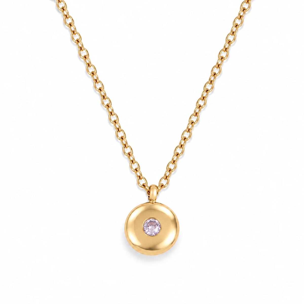 Ruth Birthstone Necklace – June – polished gold birthstone pendant on white