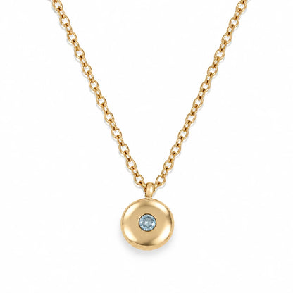 Ruth Birthstone Necklace – March – polished gold birthstone pendant on white