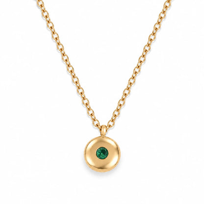 Ruth Birthstone Necklace – May – polished gold birthstone pendant on white
