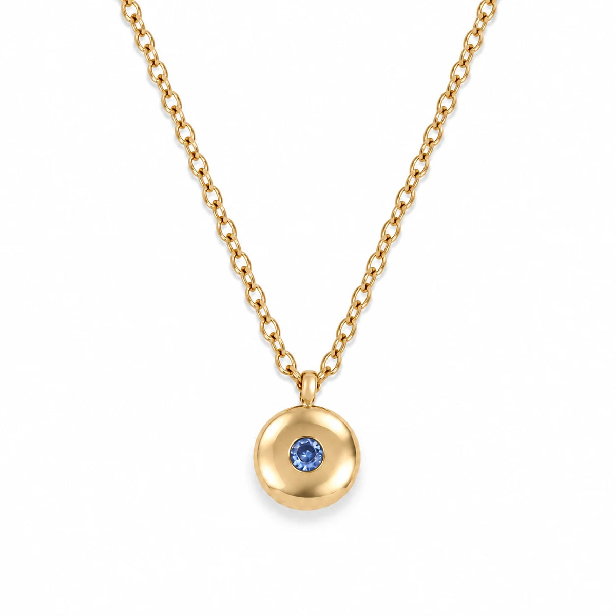 Ruth Birthstone Necklace – September – polished gold birthstone pendant on white