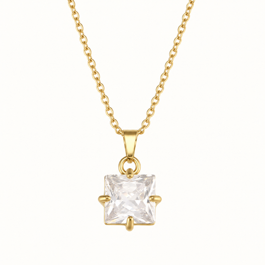 Vienne Square Stone Necklace in Clear on a warm white background
