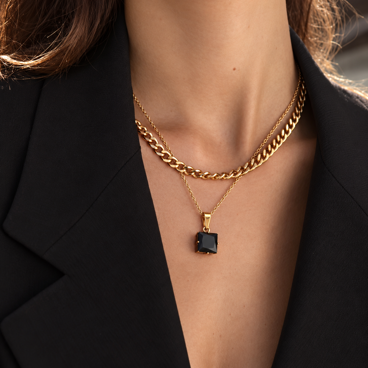 Vienne Square Stone Necklace in Black worn by a model