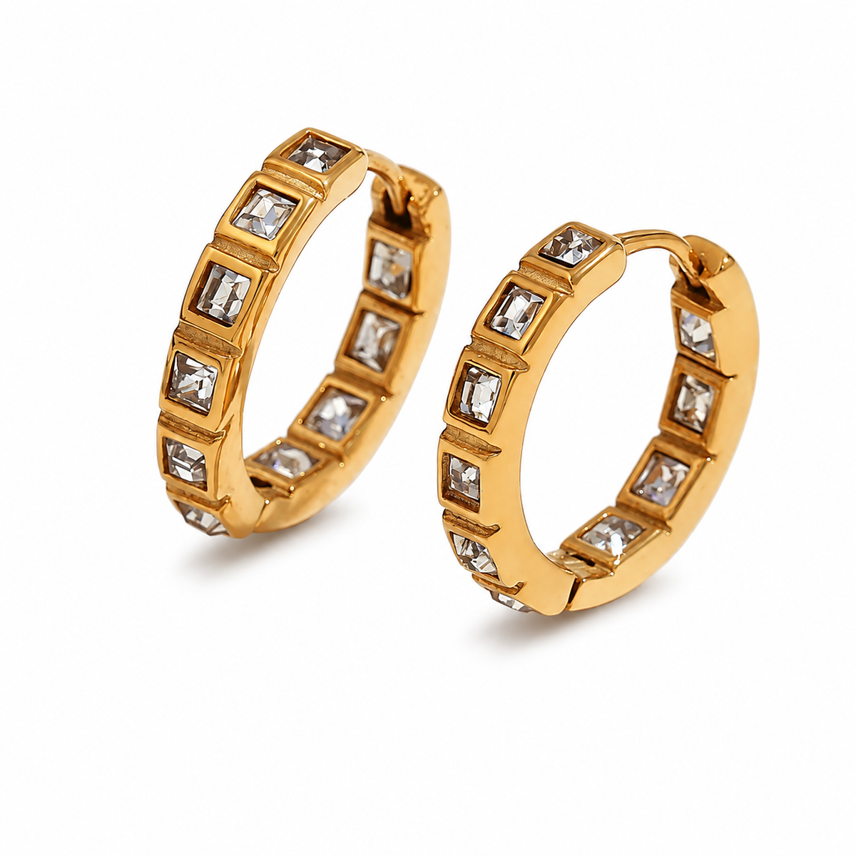 Vera Zircon Hoop Earrings – gold hoops with square clear stones on white
