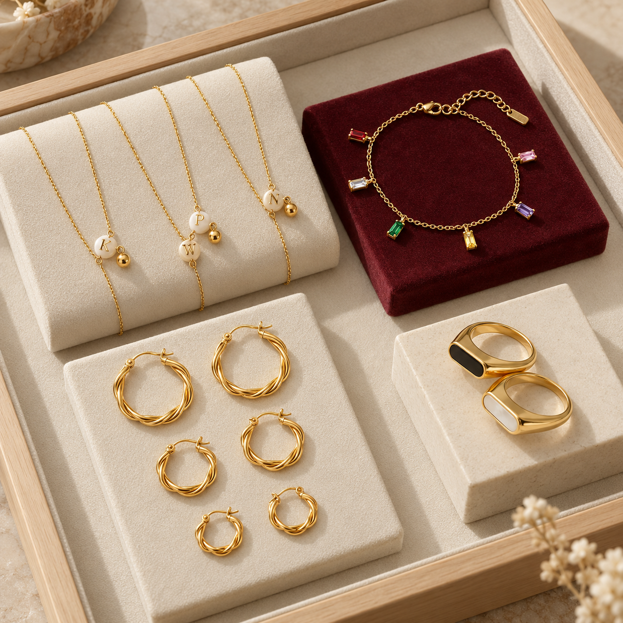 TAIA jewellery arranged in a professional display